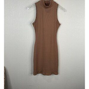 Privacy Please Women's Ribbed Mock Neck Mini Dress Sleeveless Tan Small
